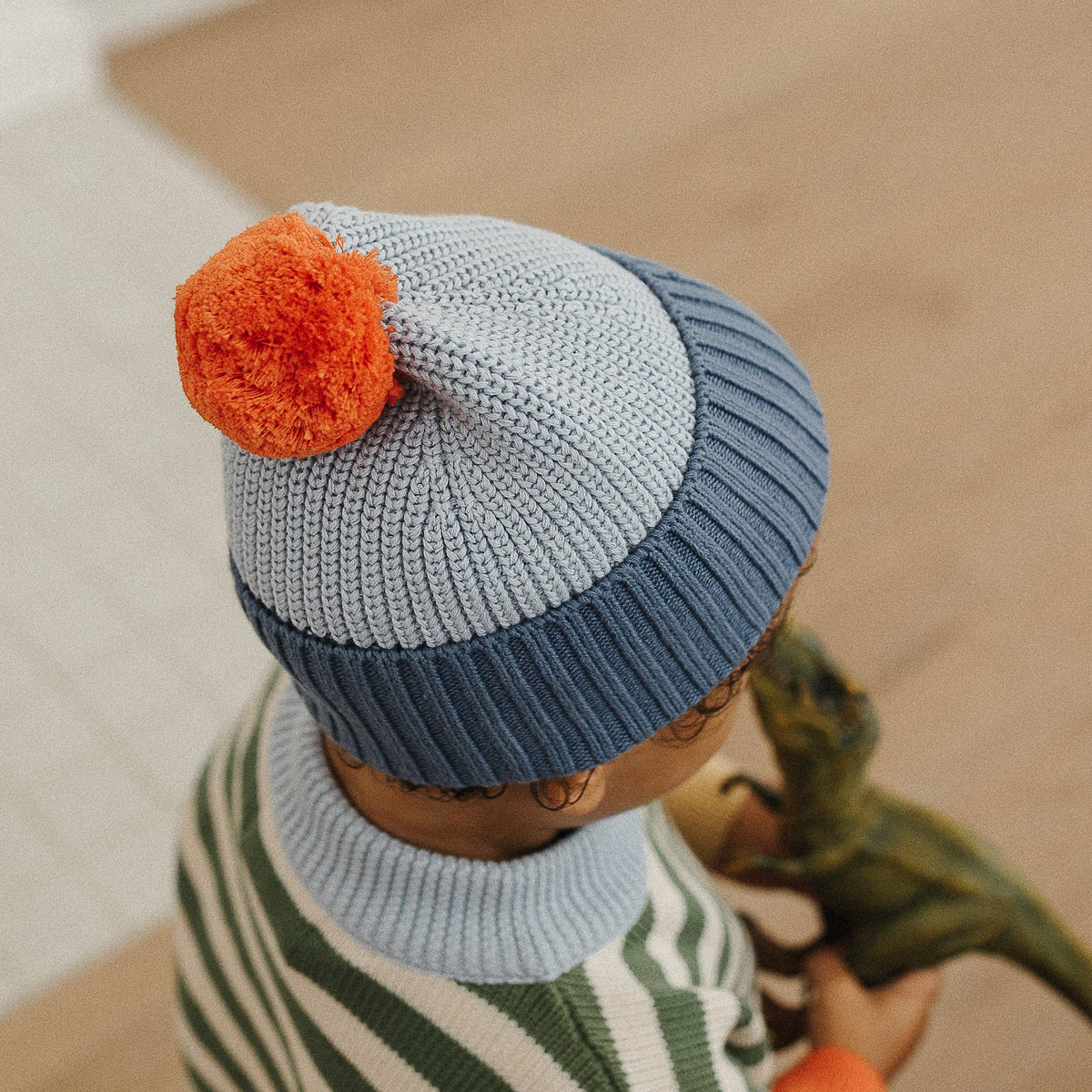 Chunky Colour Block Beanie - Navy/Sky/Tomato