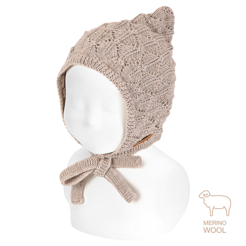 Merino wool-blend elf bonnet with borderdesign NOUGAT 901