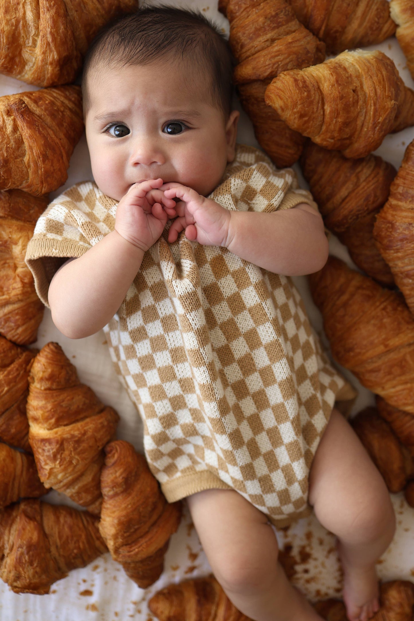 Knit Romper - Latte Check