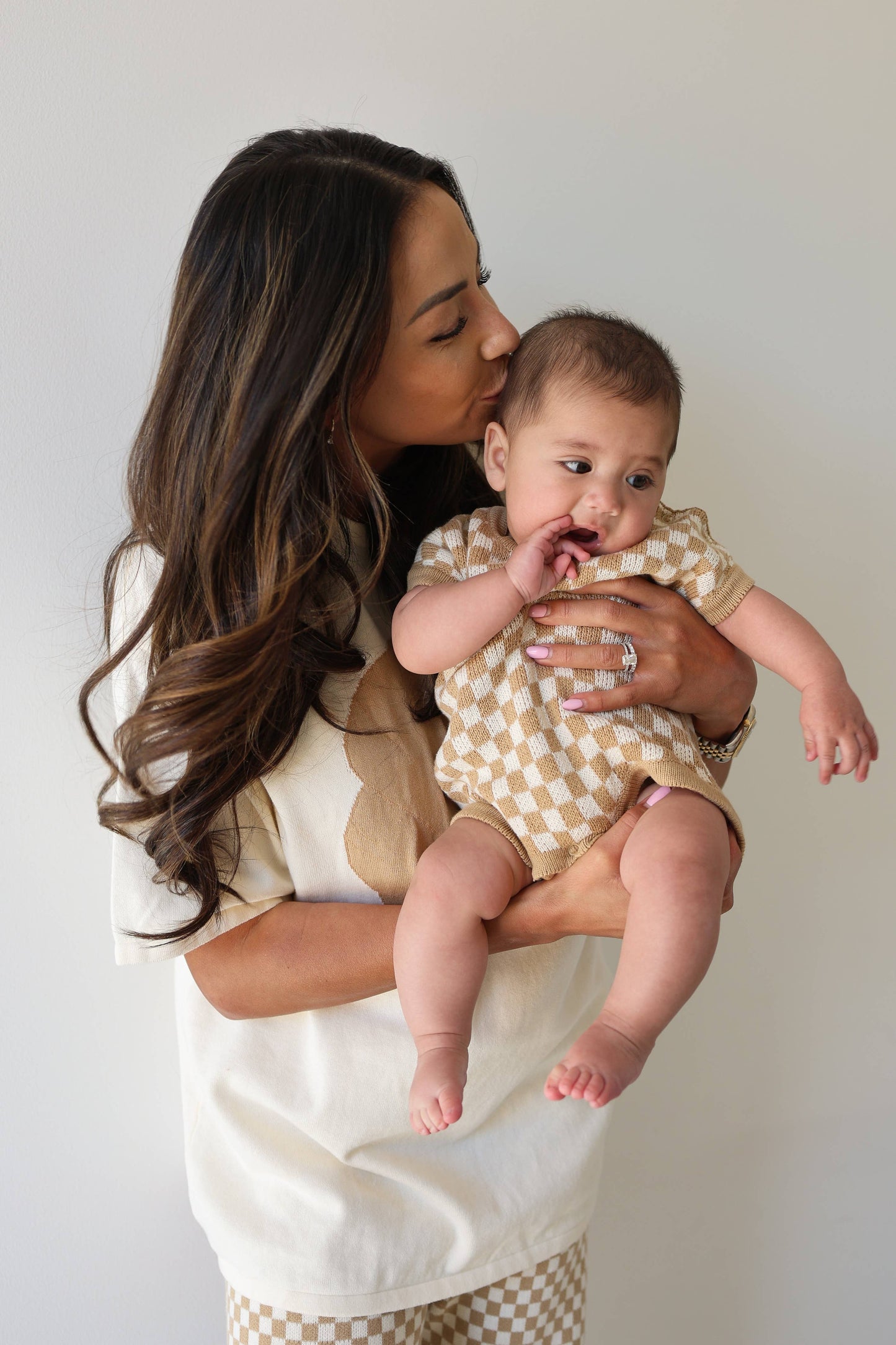 Knit Romper - Latte Check