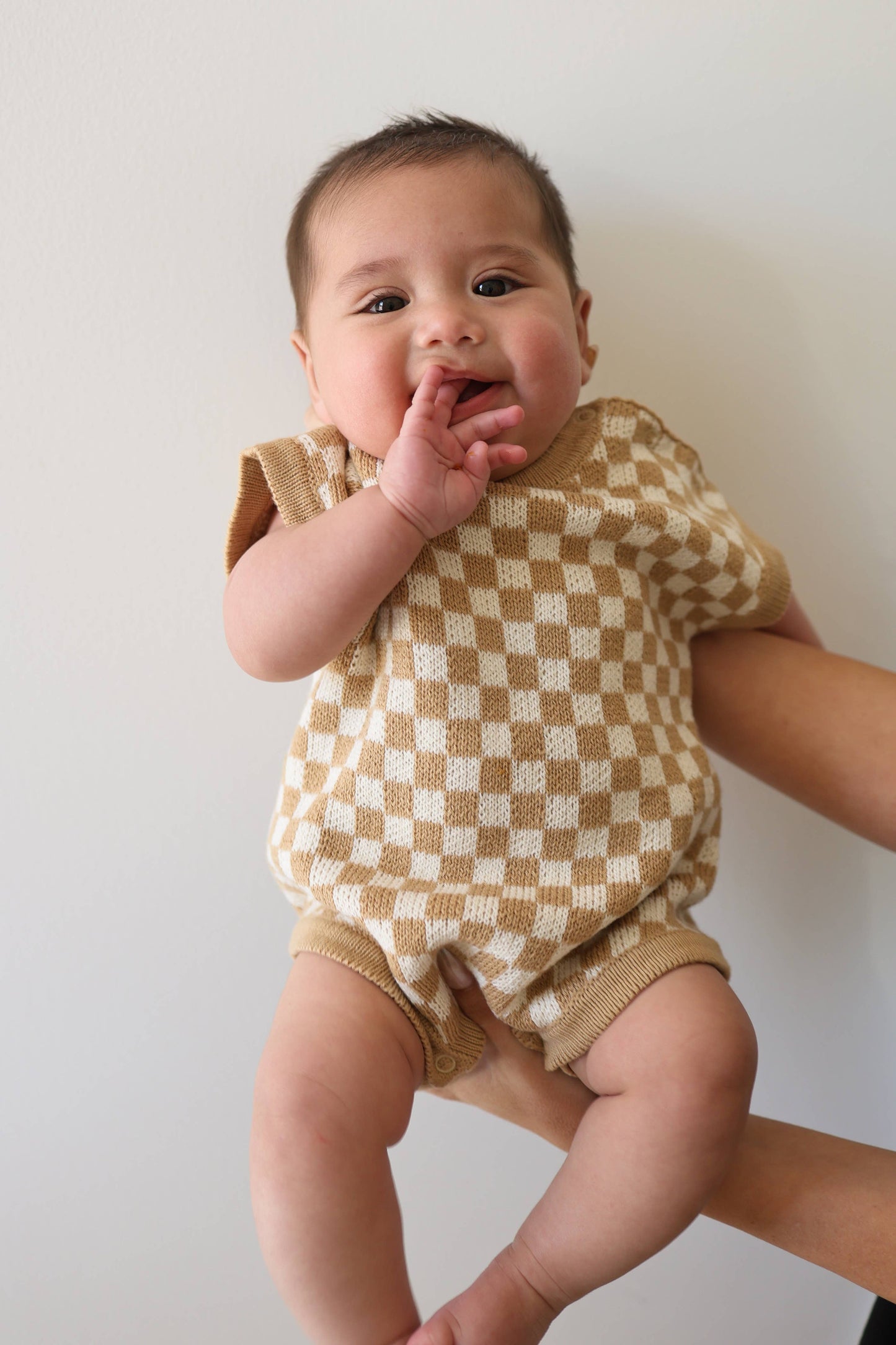 Knit Romper - Latte Check