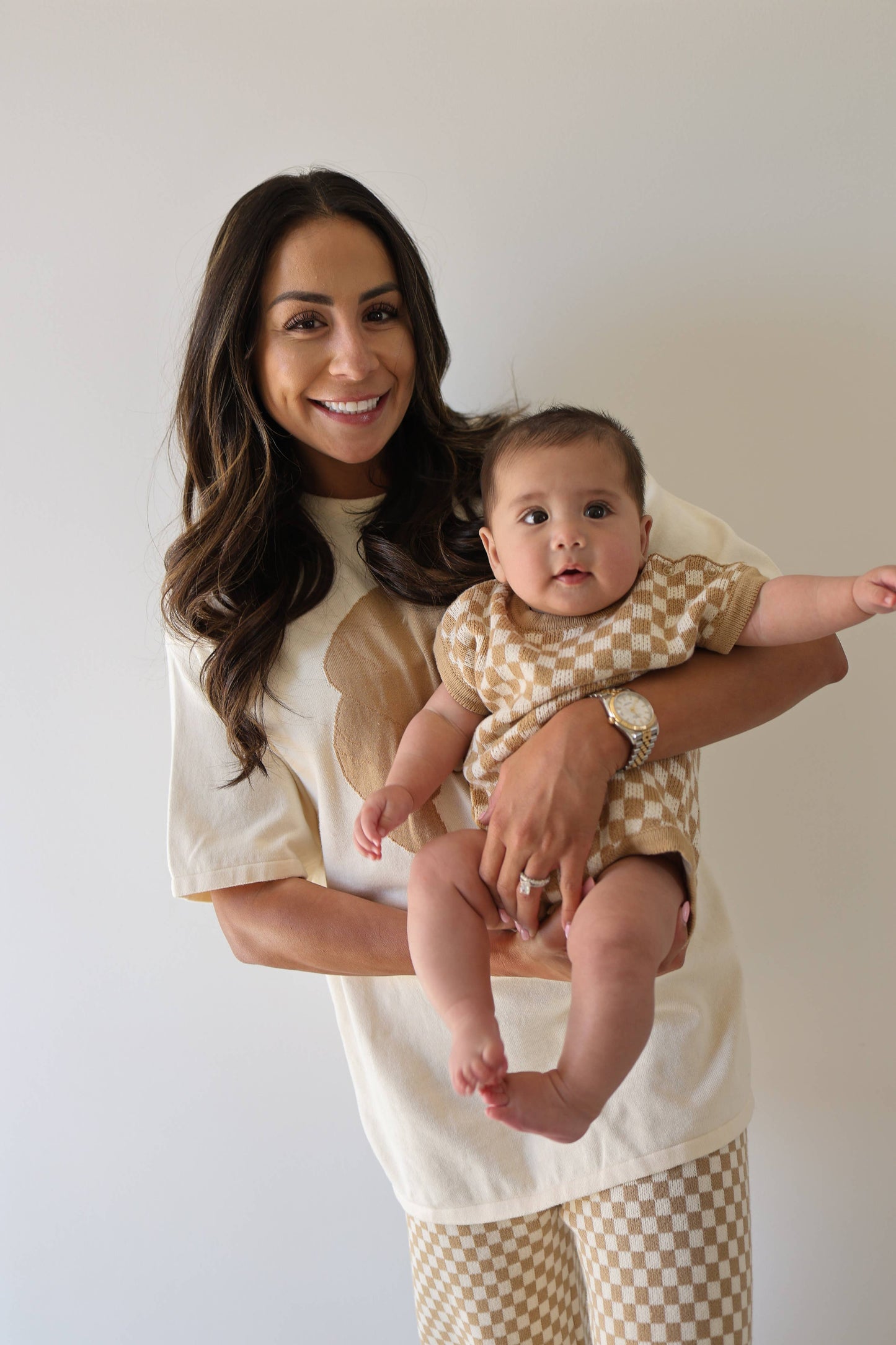 Knit Romper - Latte Check