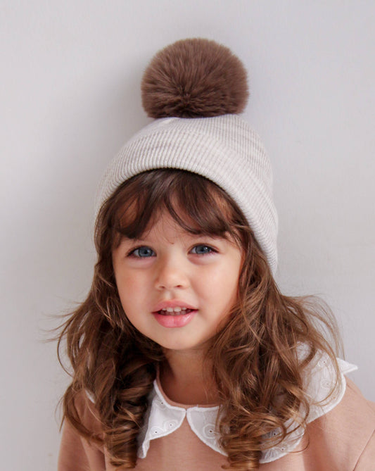 Pom Pom Beanie Hat - Marble Beige