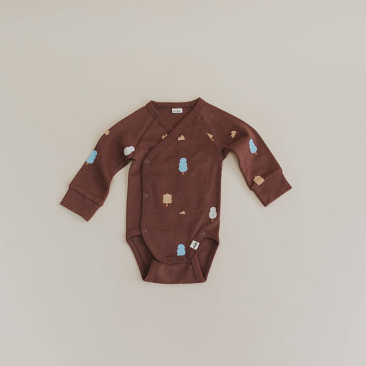 Organic Cotton Wrap Over Long Sleeve Bodysuit in Raisin