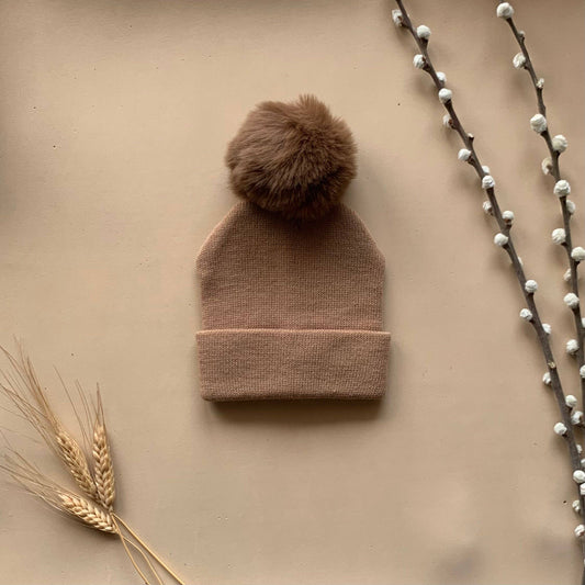 Pom Pom Beanie Hat Brown