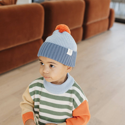 Chunky Colour Block Beanie - Navy/Sky/Tomato