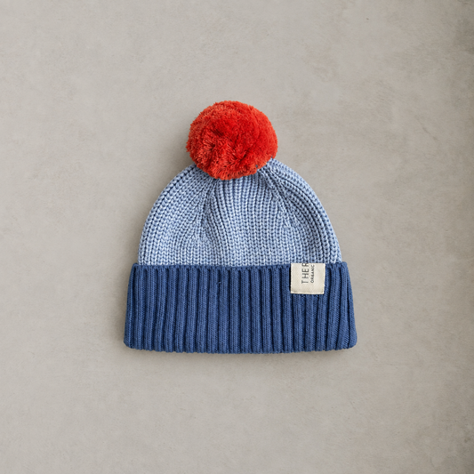 Chunky Colour Block Beanie - Navy/Sky/Tomato