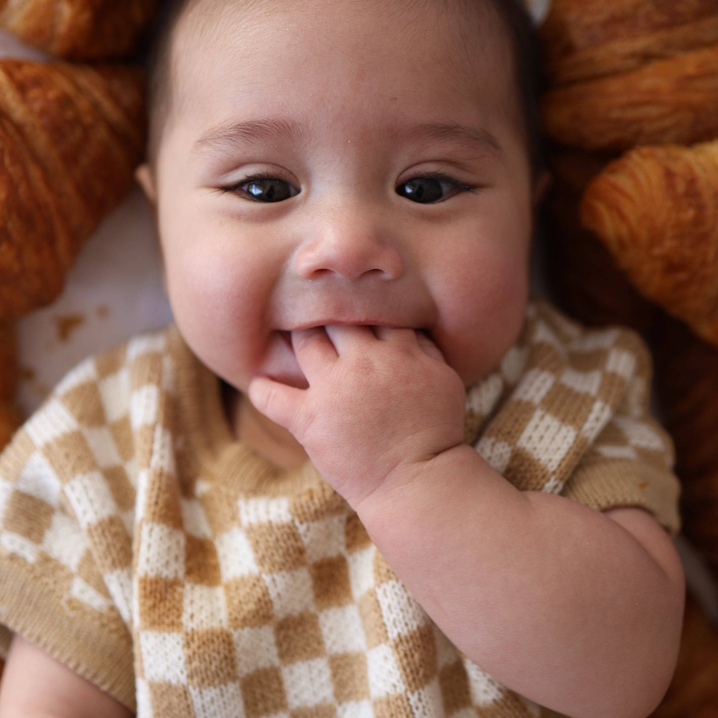 Knit Romper - Latte Check